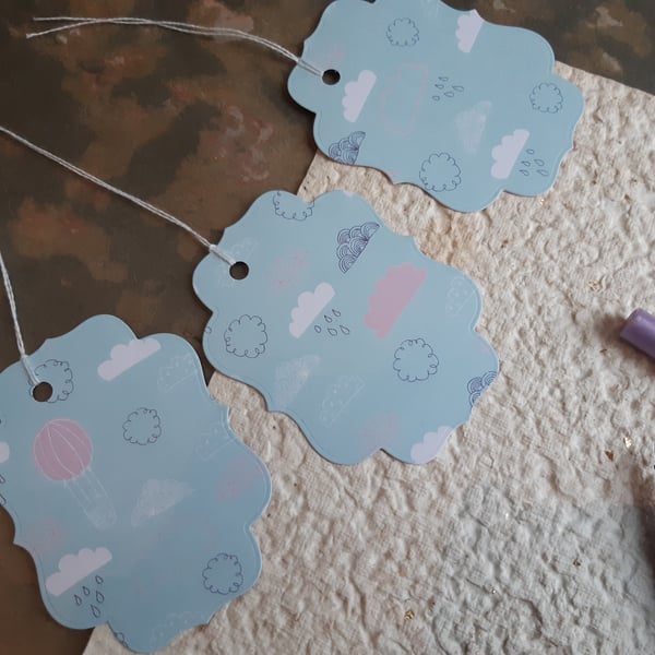 3x large gift tags - pink and blue rain clouds