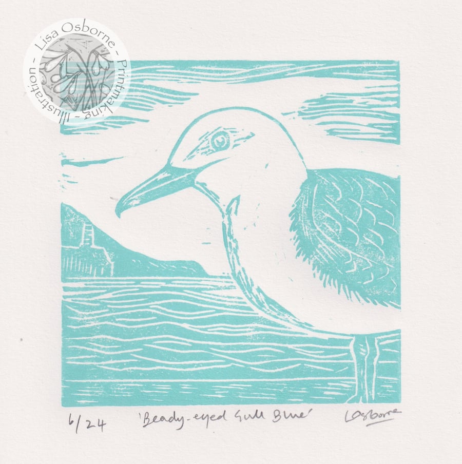 Beady-eyed Gull Blue - Original, limited edition linocut.