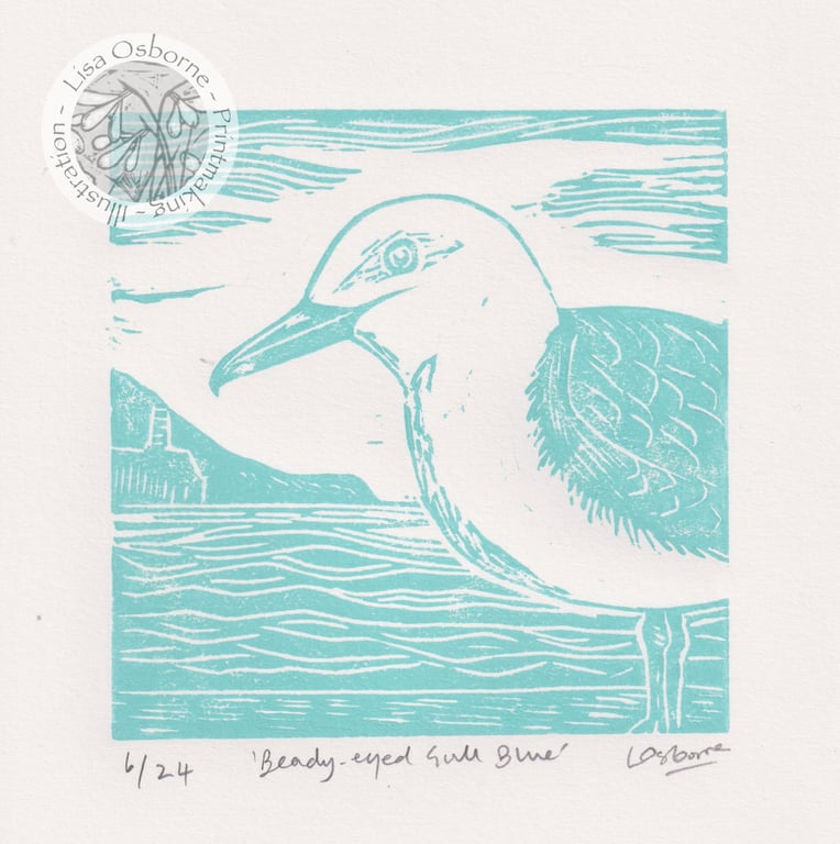Beady-eyed Gull Blue - Original, limited edition linocut.