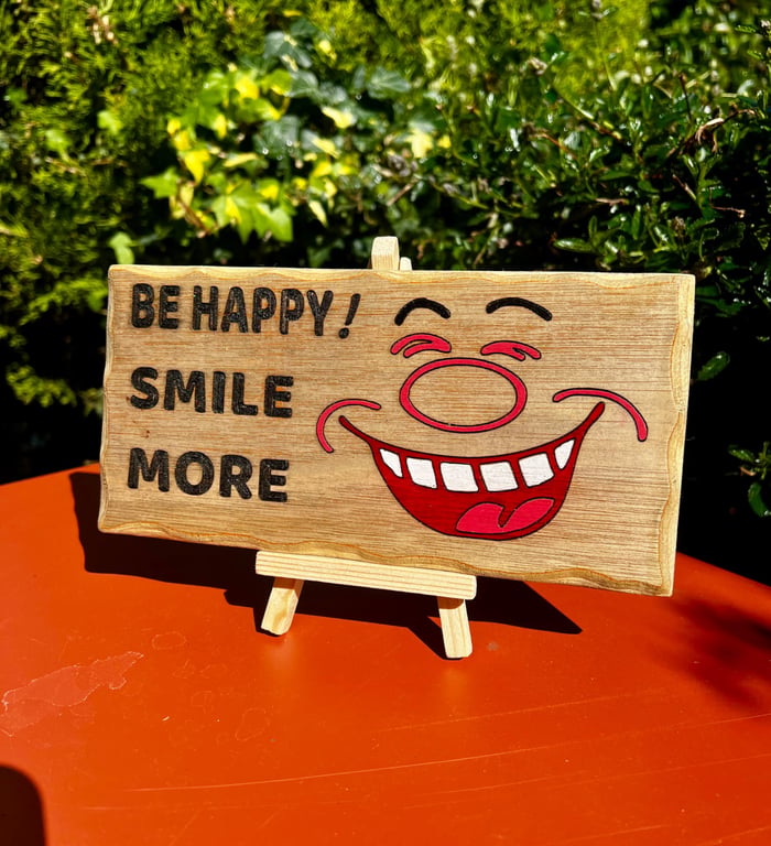 "Be Happy Smile More" Wooden Sign – Handmade Inspirational Wall Art – Positive Q