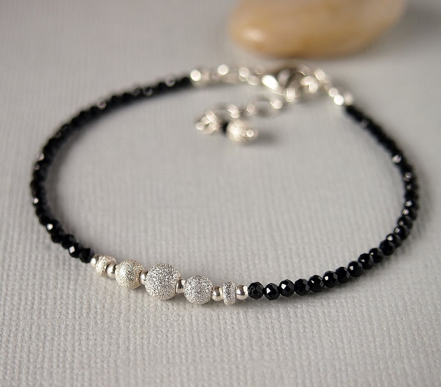 Black Spinel Gemstone Skinny Bracelet - Minimalist - Layering - Sterling Silver