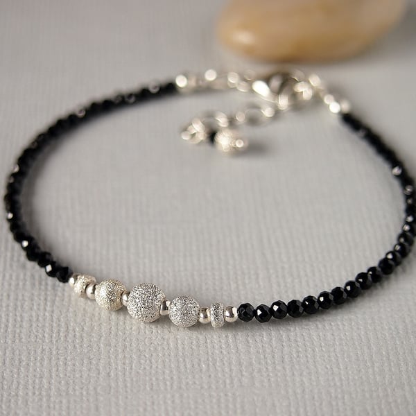 Black Spinel Gemstone Skinny Bracelet - Minimalist - Layering - Sterling Silver