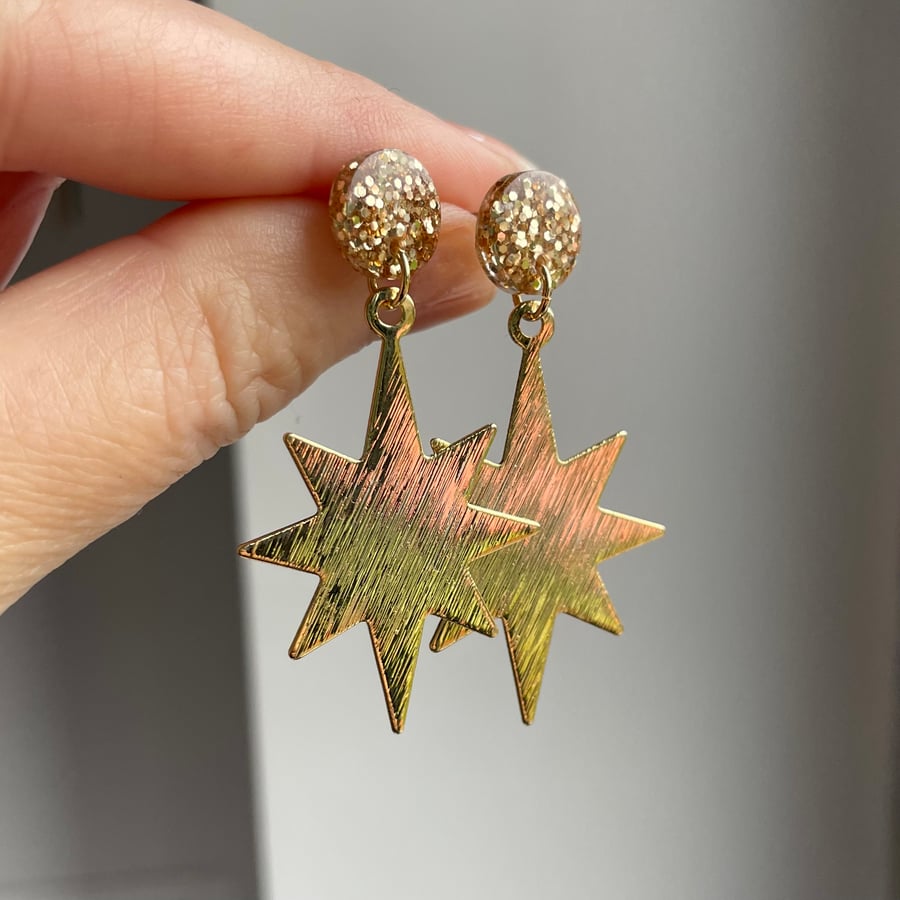 North star earrings, gold statement dangle earrings 