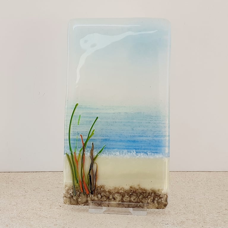 Fused glass mini seascape panel, seaside beach scene 2