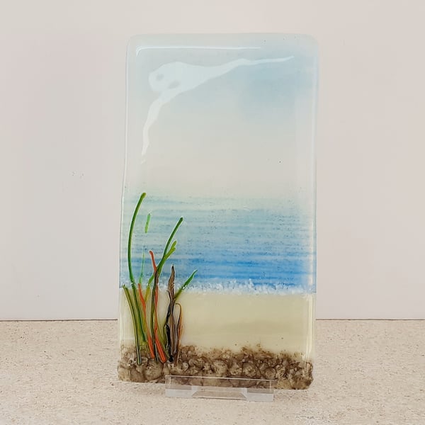 Fused glass mini seascape panel, seaside beach scene 2