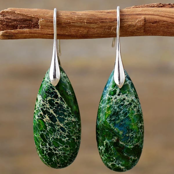 Green Marble Effect Jasper Stone Drop Earrings With Stainless Steel Ear Hooks