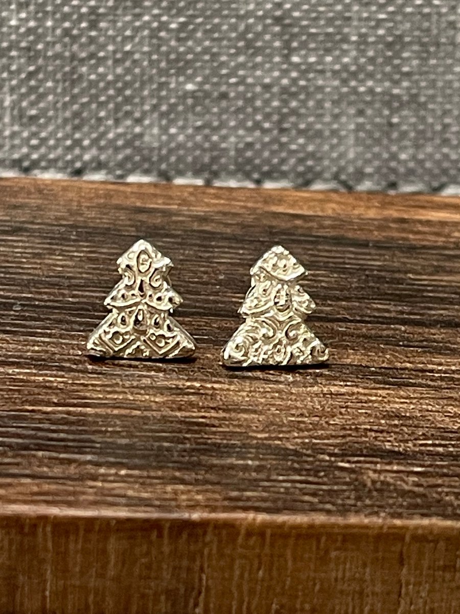 Textured Christmas tree studs in fine silver