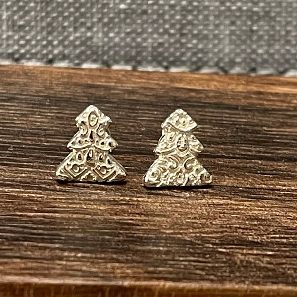 Textured Christmas tree studs in fine silver
