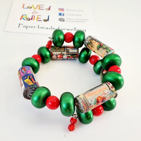Vibrant memory wire bracelet made with Christmas paper  and preloved beads