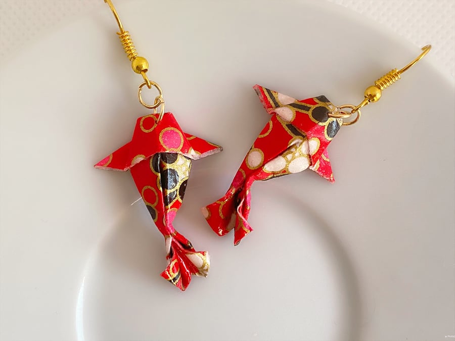 Origami Koi Fish Earrings, Origami Carp Earrings, Origami Fish Earrings