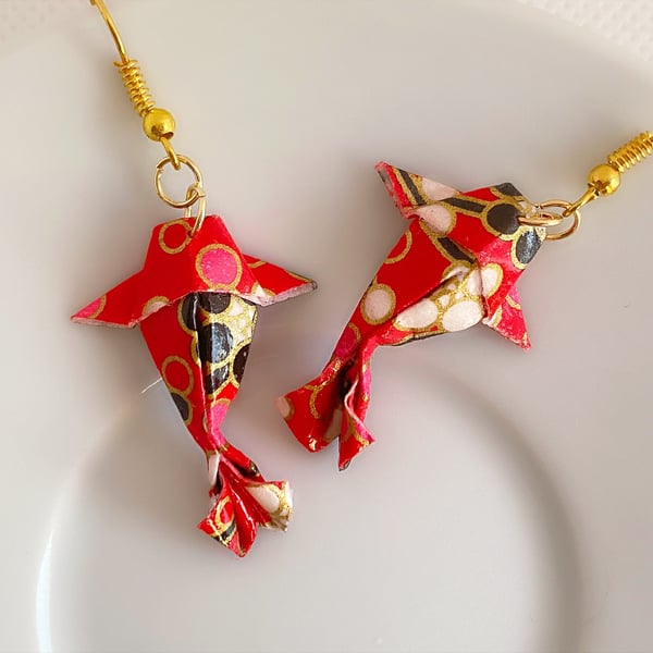 Origami Koi Fish Earrings, Origami Carp Earrings, Origami Fish Earrings