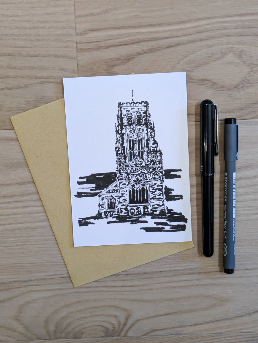 Hand Painted Ink Illustration Black - Durham Cathedral 