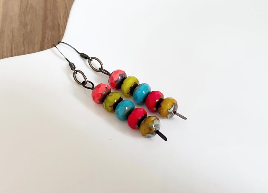 Colourful beaded earrings made with chunky Czech beads