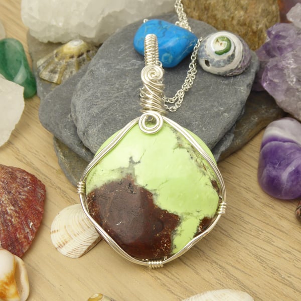 Lemon Chrysocolla Wire Wrapped Pendant, Green and Brown Crystal Necklace