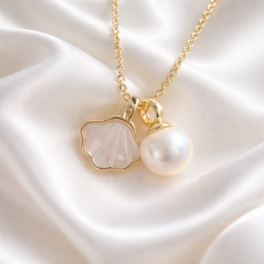 Freshwater Pearl and Shell Pendant Necklace in Gold Plated