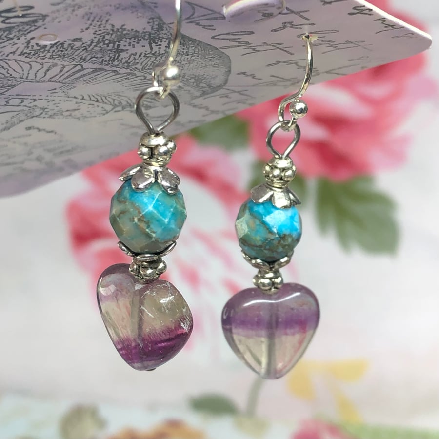 Fluorite and Turquoise heart earrings