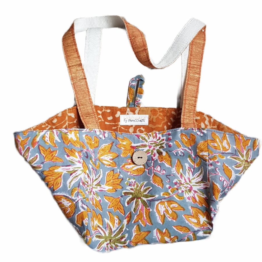 Indian block print shoulder bag: floral turquoise 