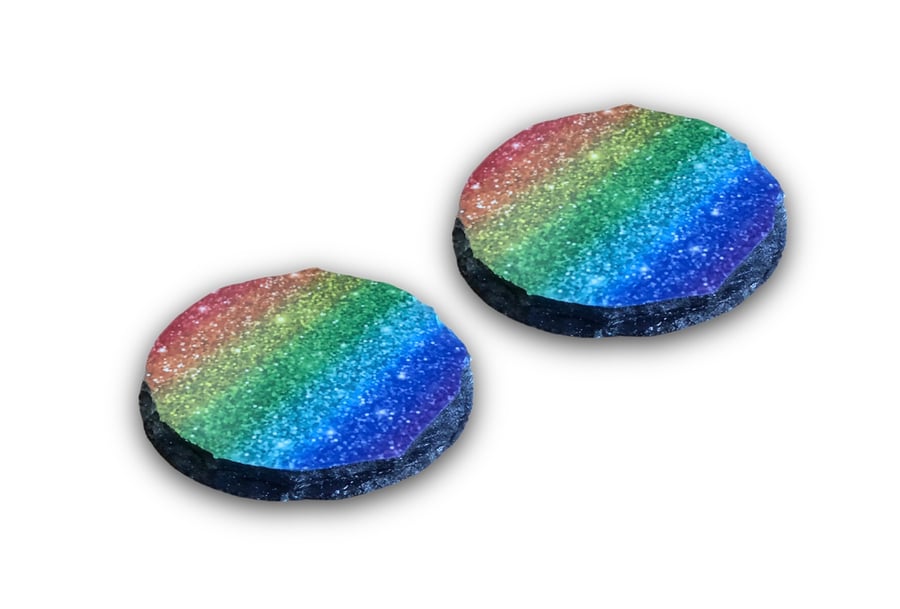 Rainbow Sparkly Glitter Effect Round Rock Slate Coasters Set Of 2. 