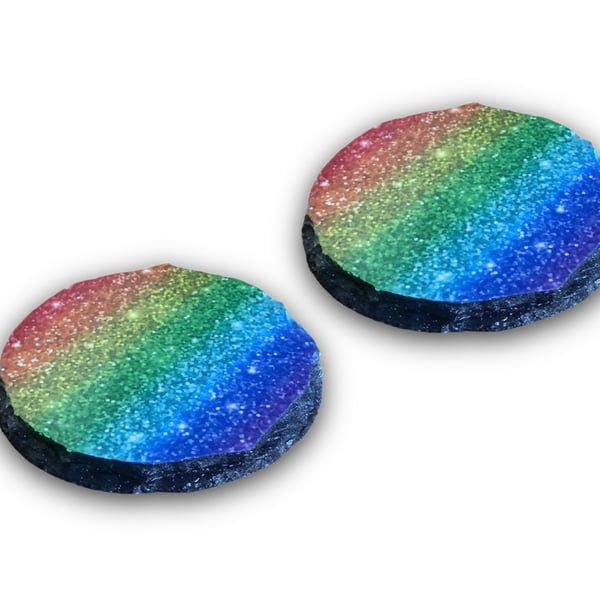 Rainbow Sparkly Glitter Effect Round Rock Slate Coasters Set Of 2. 