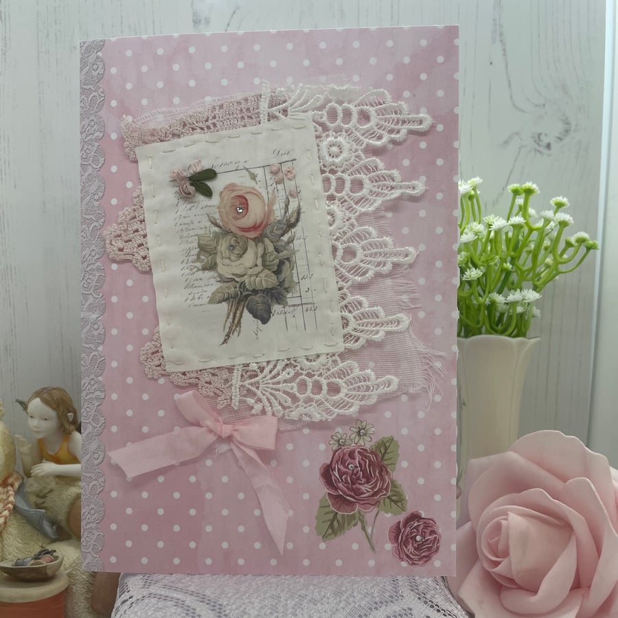 Snippet Rose and Lace Hand Embroidered Card C - 91