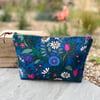 Vintage Flower Waltz linen large zip pouch with bright blue lining