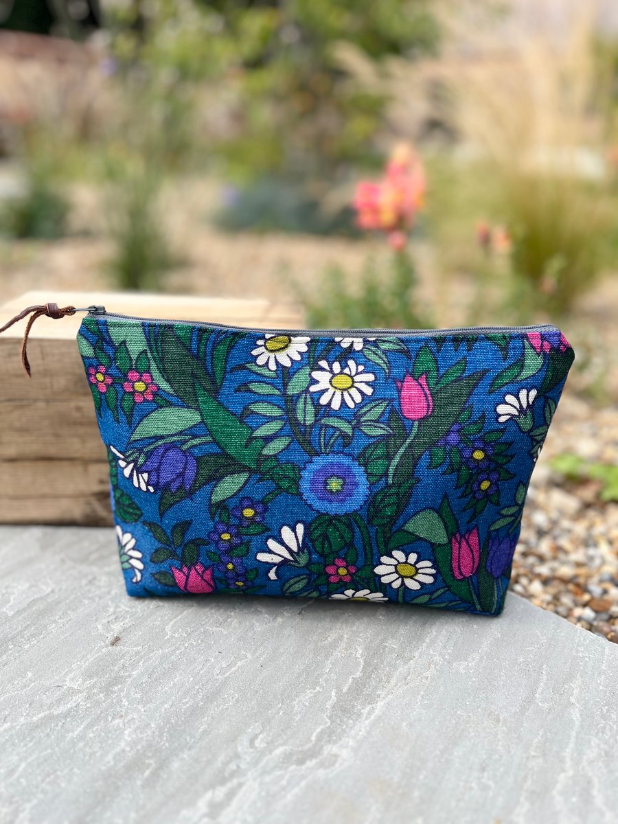 Vintage Flower Waltz linen large zip pouch with bright blue lining
