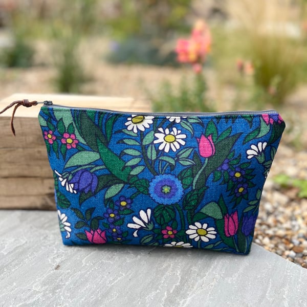 Vintage Flower Waltz linen large zip pouch with bright blue lining