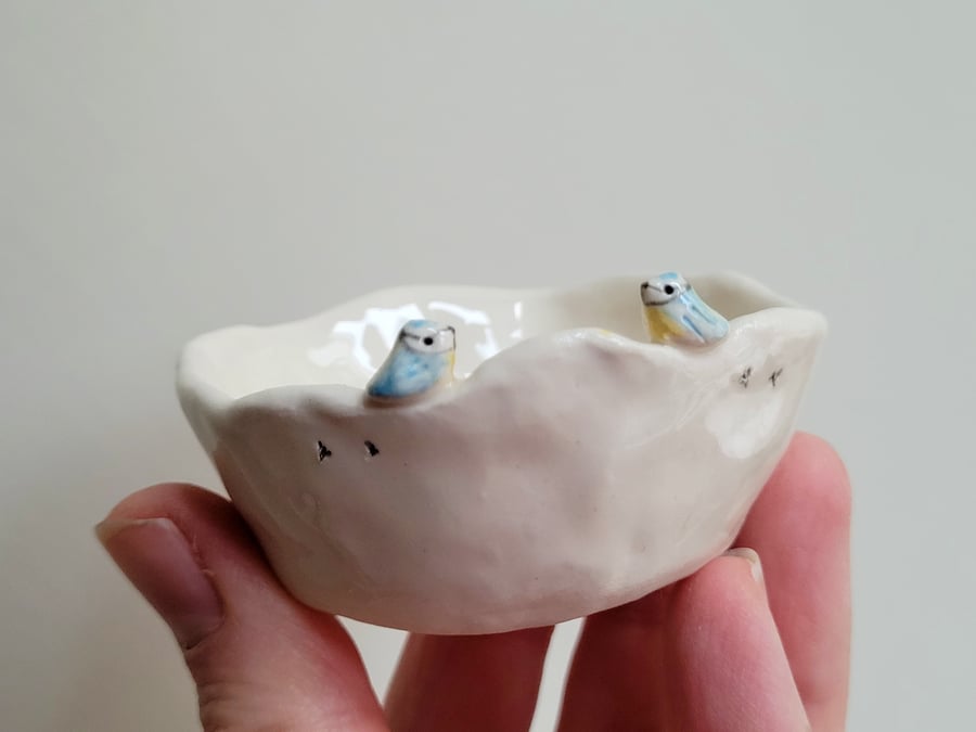 Handmade bluetits tealight with birdprints, ceramic pottery bird Seconds Sunday 