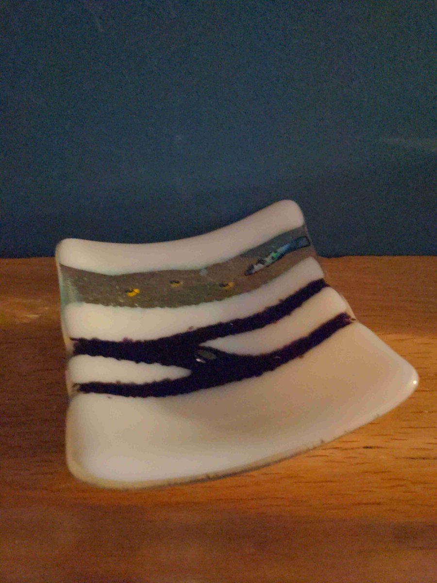 Fused glass river dish 10cm Transparent blue & white