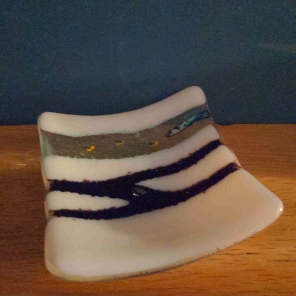 Fused glass river dish 10cm Transparent blue & white