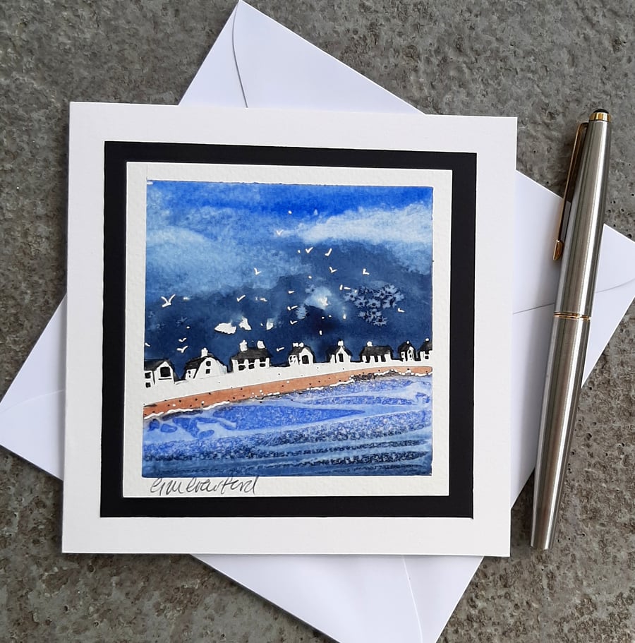 Birthday Anniversary Blank Card. Beach Front Watercolour Painting. Notelet.