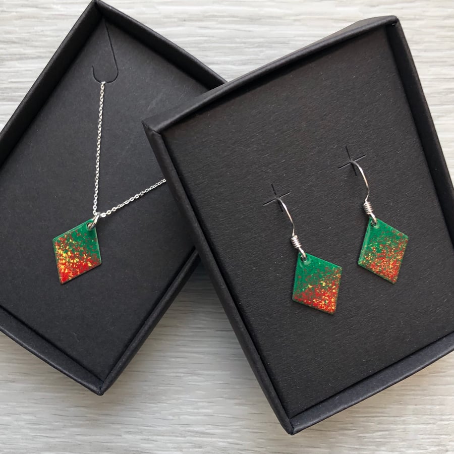 Diamond enamelled necklace & earring sets. Autumnal mix. Sterling Silver 