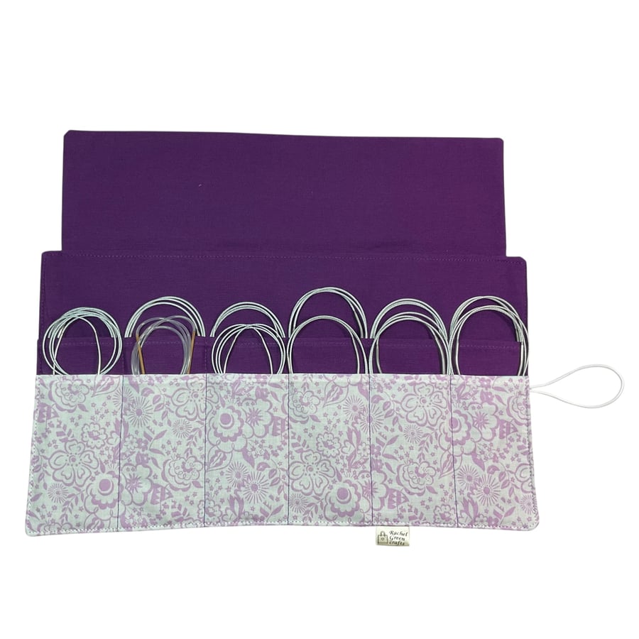 Circular needle case made from Liberty floral fabric, fixed circular sock needle