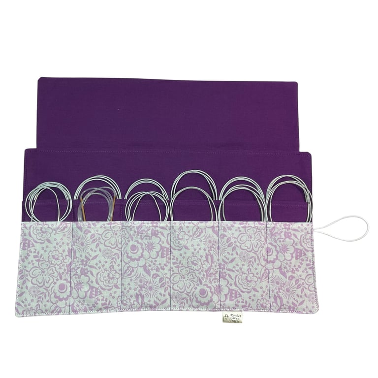 Circular needle case made from Liberty floral fabric, fixed circular sock needle
