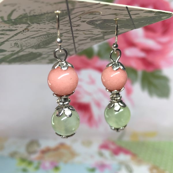 Morganite and Prehnite earrings 