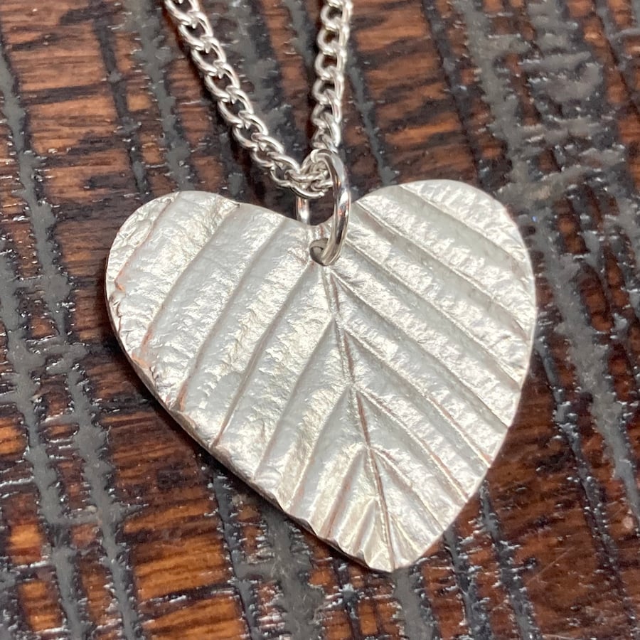 Handmade Fine Silver Heart Beech Leaf Pendant Necklace
