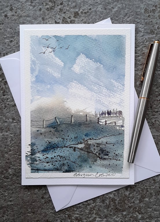 Field Fence. Blank Card. Handpainted Watercolour Art Landscape 