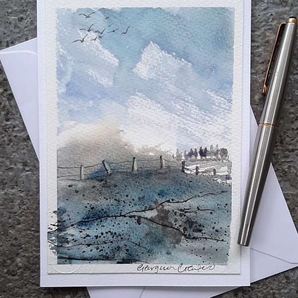Field Fence. Blank Card. Handpainted Watercolour Art Landscape 
