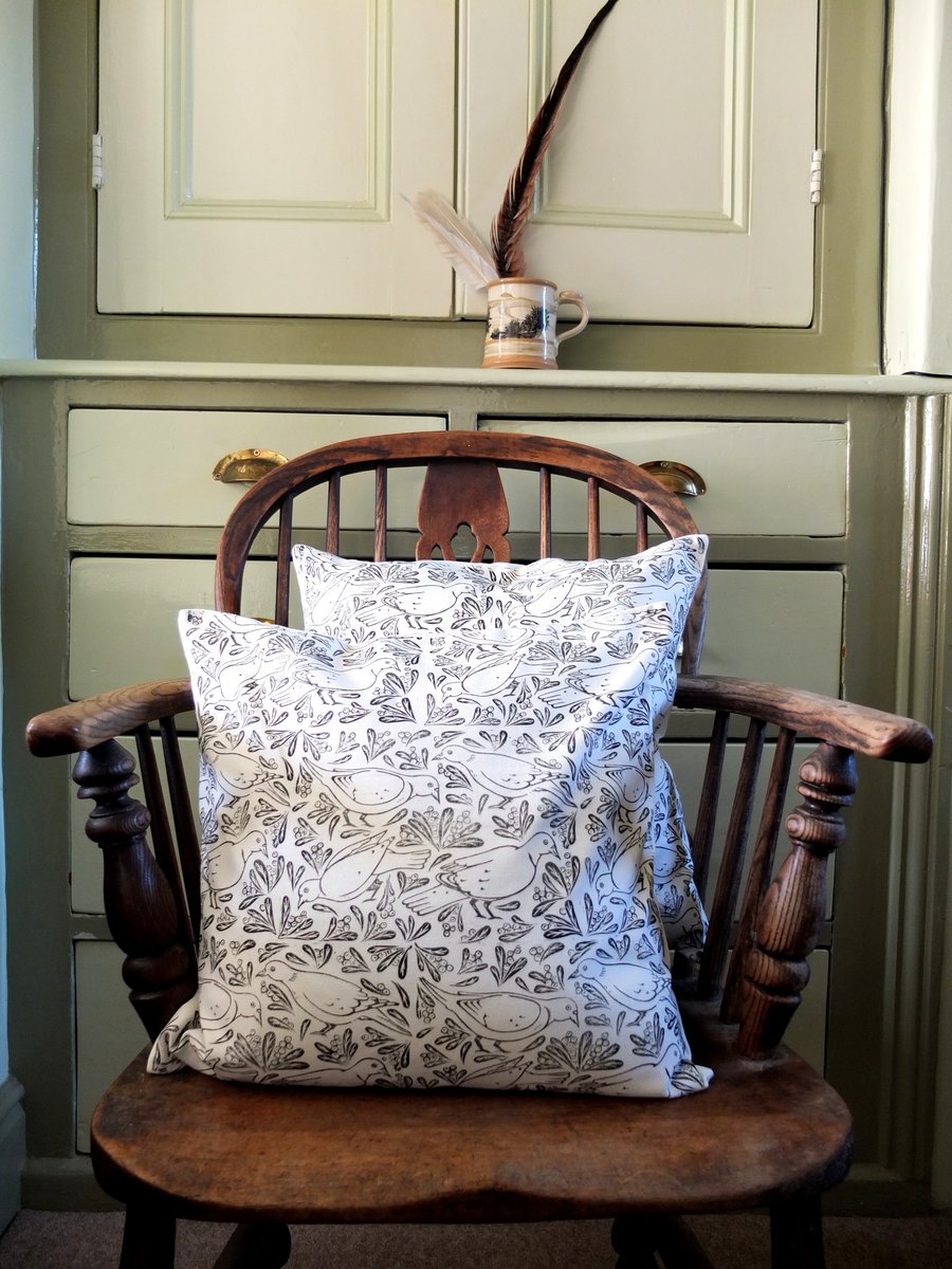 Hand Lino Print Pigeon Birds and Leaves Patterned Cushion Cover 