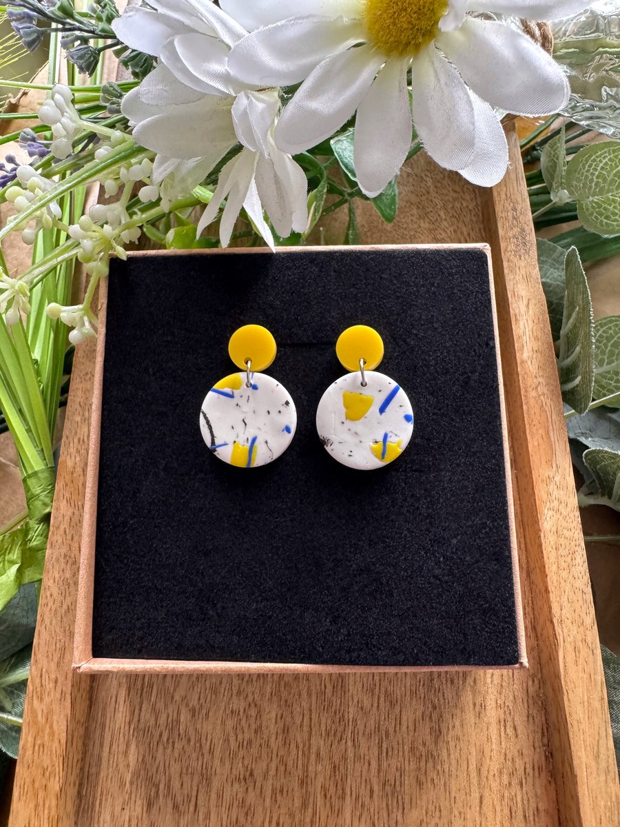 Abstract Yellow and Blue on white Circle Earrings