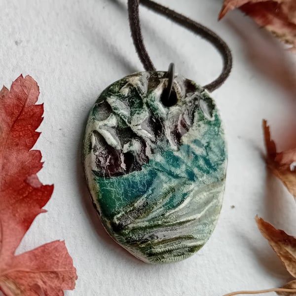 Unisex ceramic woodland pendant twigs design no 3 Scots pinecone