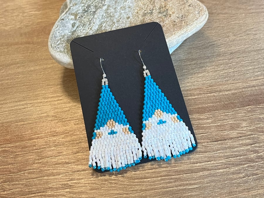 Fun novelty blue gnome beadwork earrings with a mini fringe
