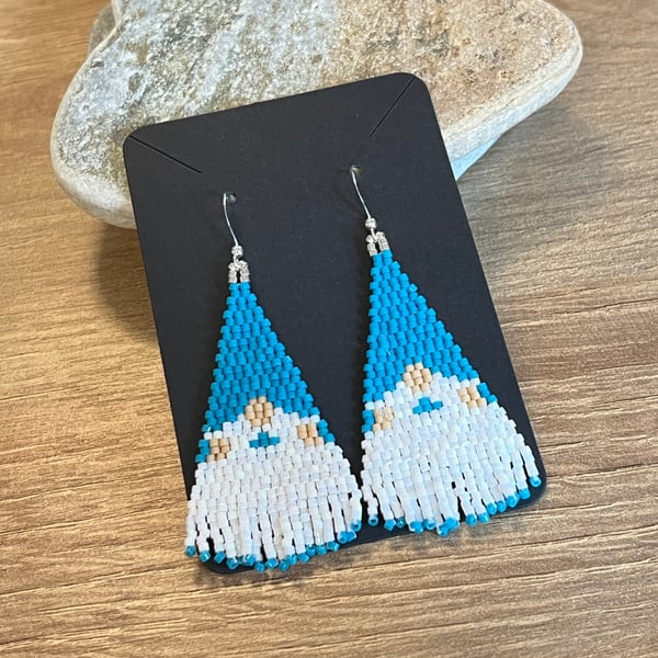 Fun novelty blue gnome beadwork earrings with a mini fringe