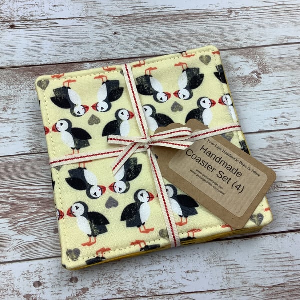 Puffins coaster set, Fabric coaster set of 4, Handmade