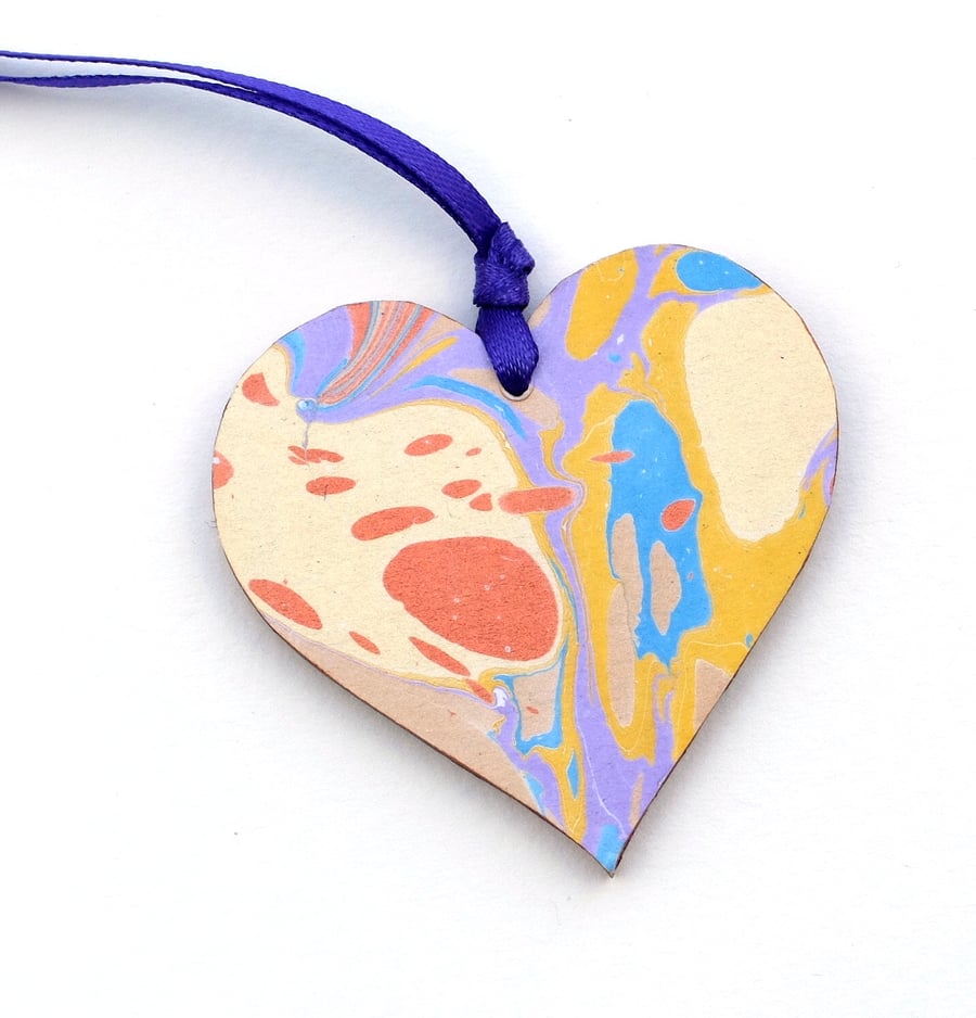Hand marbled paper heart hanging decoration 