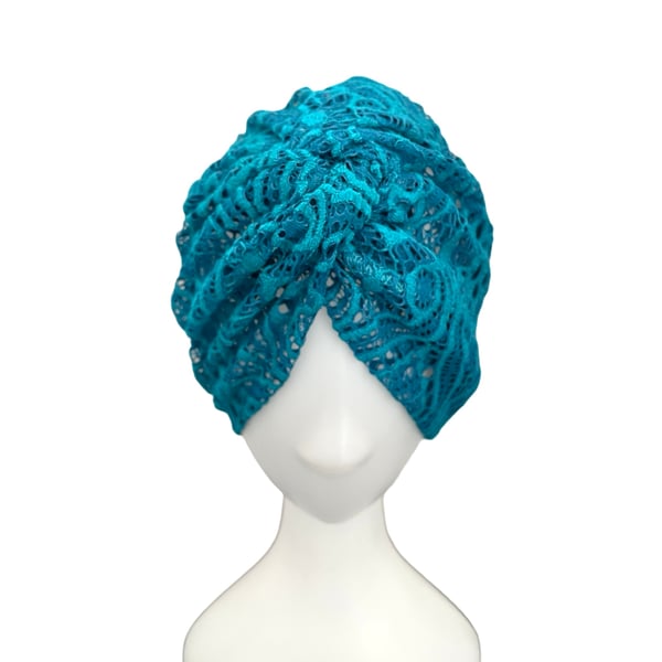 Teal Blue Lace Turban Hat Head Wrap Head Covering for Women