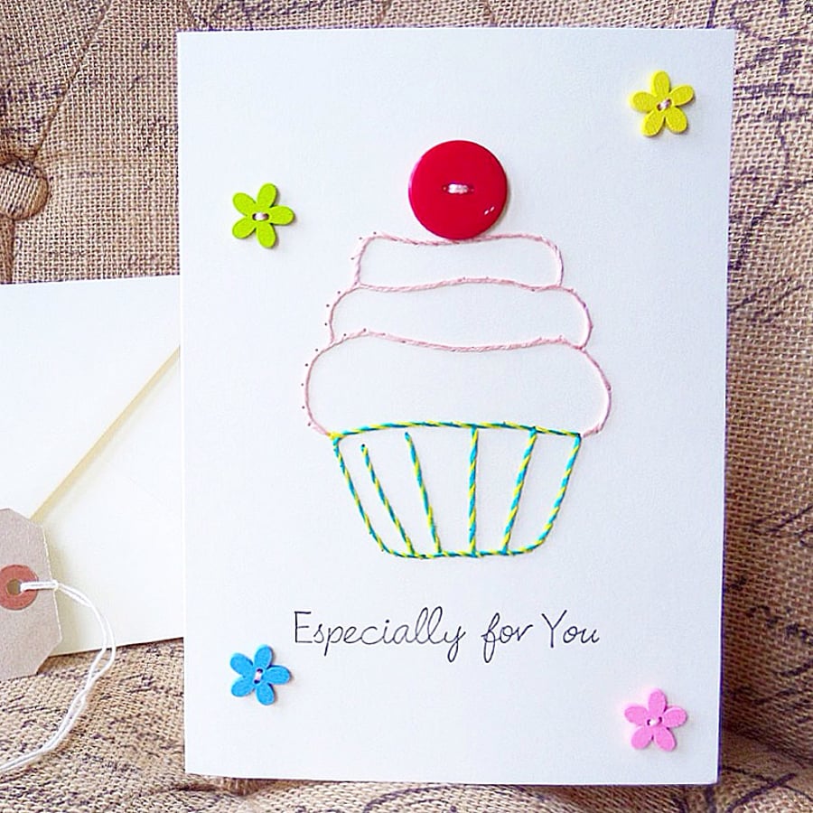 Cupcake Card. Hand Sewn Card. Birthday Card. Blank Card. Hand Stitched Card.