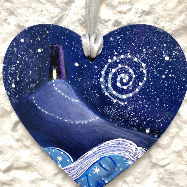 Hanging Heart Goddess & Glastonbury Tor Hand Painted