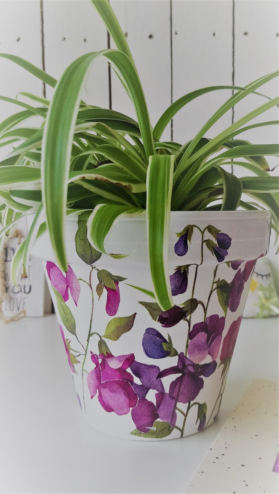 MADE TO ORDER - Decoupaged Sweet Pea Design Indoor Terracotta Pot