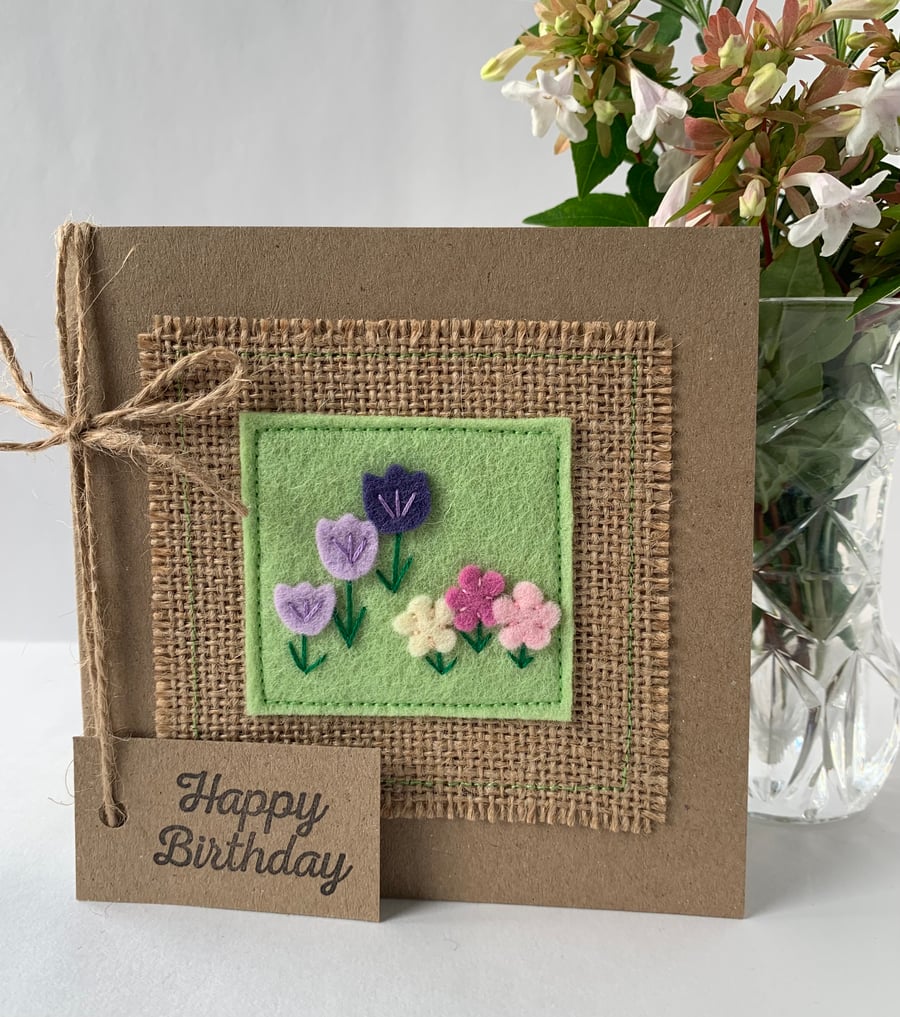 Handmade Birthday card with flowers on mint green background. Keepsake card.